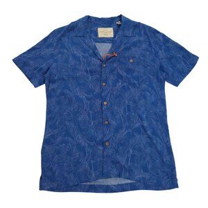 Weatherproof Vintage Mens Blue Tropical Leaf Print Short Sleeve Button-Up Shirt.